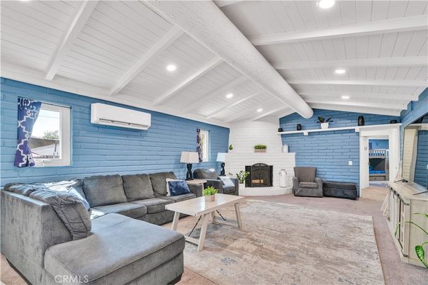 Fireplace, Interior, Living room, Recessed Lighting, Stone Walls