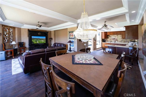 Chandelier, Dining room, Interior, Kitchen, Living room, Recessed Lighting, Wood Texture Flooring