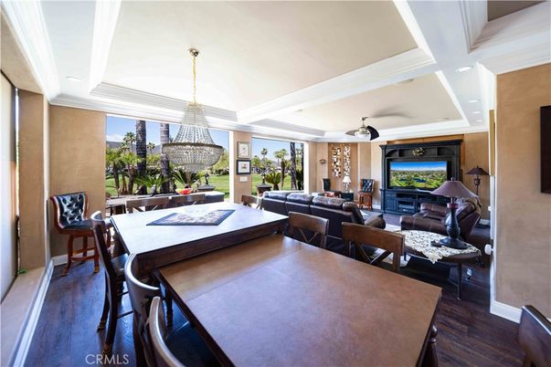 Dining room, Interior, Living room, Recessed Lighting, Wood Texture Flooring