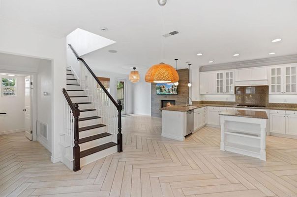 Fireplace, Interior, Kitchen, Pendant Lights, Recessed Lighting, Wood Texture Flooring