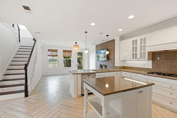 Interior, Kitchen, Pendant Lights, Recessed Lighting, Wood Texture Flooring