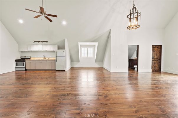 Empty room, Interior, Kitchen, Pendant Lights, Recessed Lighting, Wood Texture Flooring