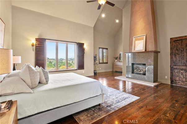Bedroom, Fireplace, Interior, Recessed Lighting, Wood Texture Flooring