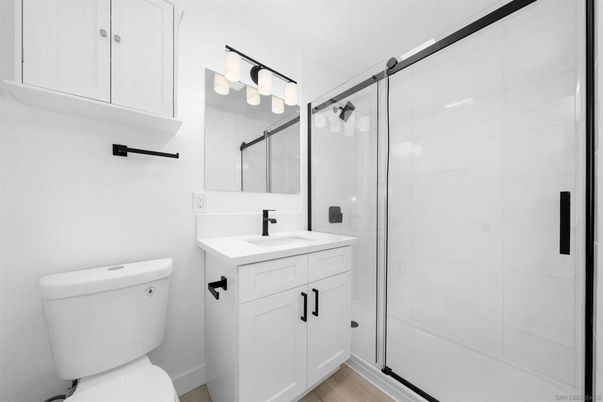 Bathroom, Glass Shower, Interior, Wood Texture Flooring