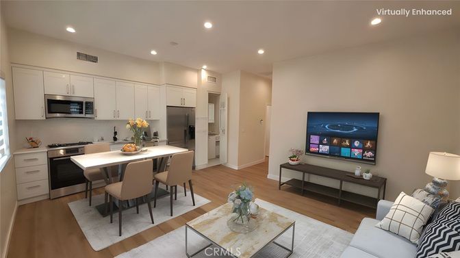 Dining room, Interior, Kitchen, Living room, Recessed Lighting, Stainless Steel Appliances, Wood Texture Flooring