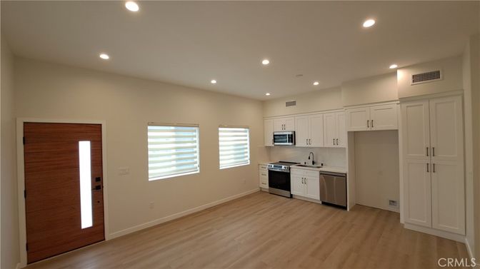 Interior, Kitchen, Recessed Lighting, Stainless Steel Appliances, Wood Texture Flooring