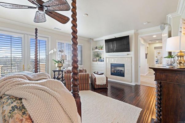 Bedroom, Fireplace, Interior, Recessed Lighting, Wood Texture Flooring
