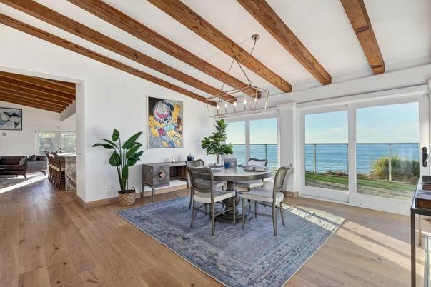 Dining room, Interior, Pendant Lights, Water, Wooden Beams, Wood Texture Flooring