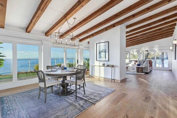 Dining room, Interior, Pendant Lights, Water, Wooden Beams, Wood Texture Flooring