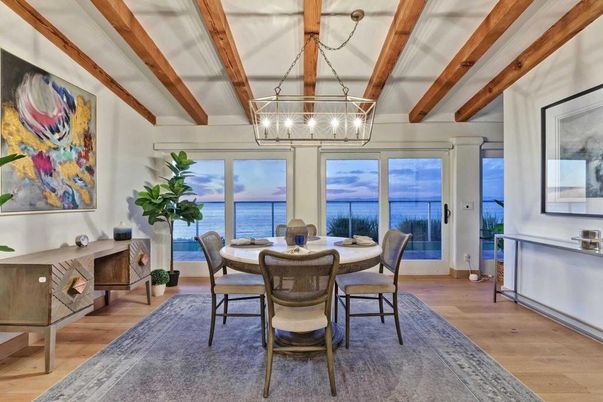 Dining room, Interior, Pendant Lights, Water, Wooden Beams, Wood Texture Flooring