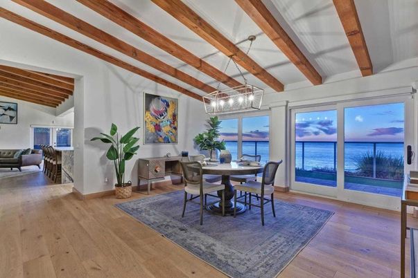 Dining room, Fireplace, Interior, Pendant Lights, Water, Wooden Beams, Wood Texture Flooring
