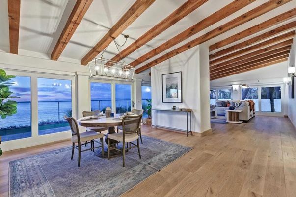 Dining room, Interior, Living room, Pendant Lights, Water, Wooden Beams, Wood Texture Flooring