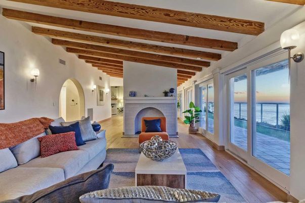 Fireplace, Interior, Living room, Water, Wooden Beams, Wood Texture Flooring