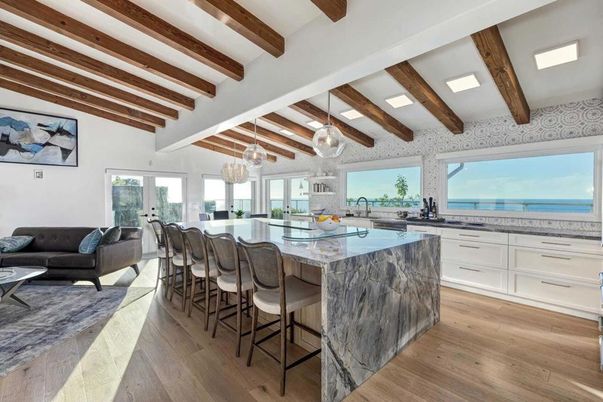 Interior, Kitchen, Living room, Pendant Lights, Water, Wooden Beams, Wood Texture Flooring