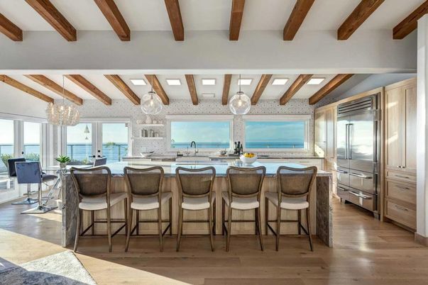 Chandelier, Dining room, Interior, Kitchen, Stainless Steel Appliances, Water, Wooden Beams, Wood Texture Flooring