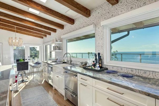 Dining room, Interior, Kitchen, Pendant Lights, Recessed Lighting, Stainless Steel Appliances, Water, Wooden Beams, Wood Texture Flooring