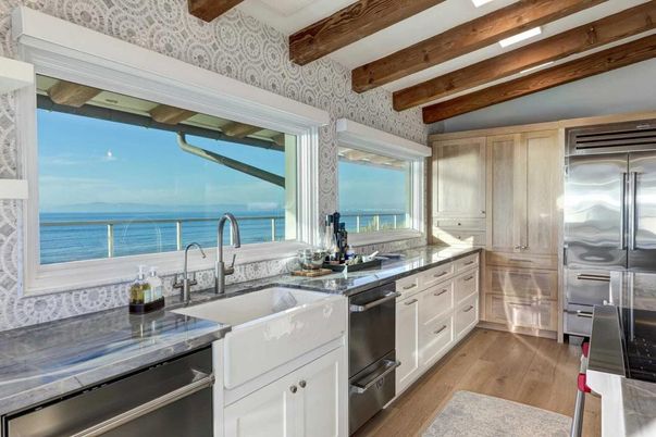 Interior, Kitchen, Recessed Lighting, Stainless Steel Appliances, Water, Wooden Beams, Wood Texture Flooring