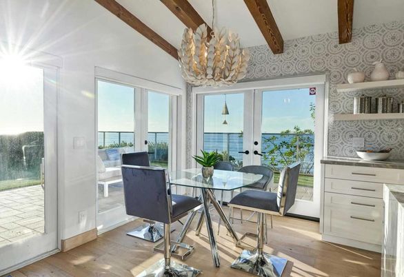 Chandelier, Dining room, Interior, Water, Wooden Beams, Wood Texture Flooring