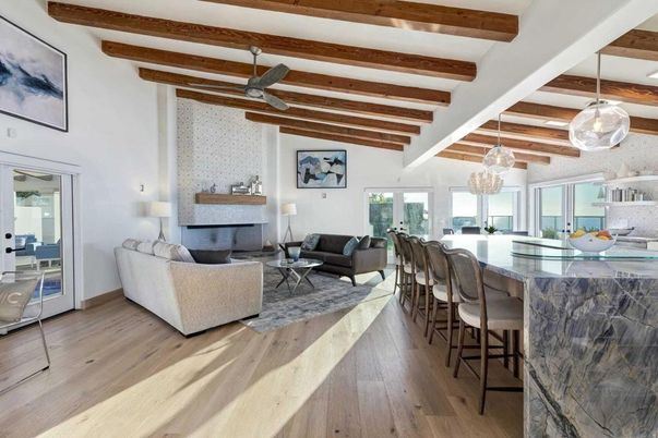 Chandelier, Dining room, Fireplace, Interior, Kitchen, Living room, Pendant Lights, Wooden Beams, Wood Texture Flooring