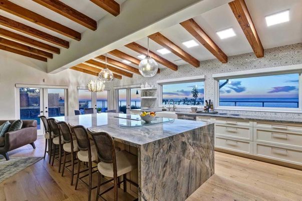 Interior, Kitchen, Pendant Lights, Recessed Lighting, Stainless Steel Appliances, Wooden Beams, Wood Texture Flooring