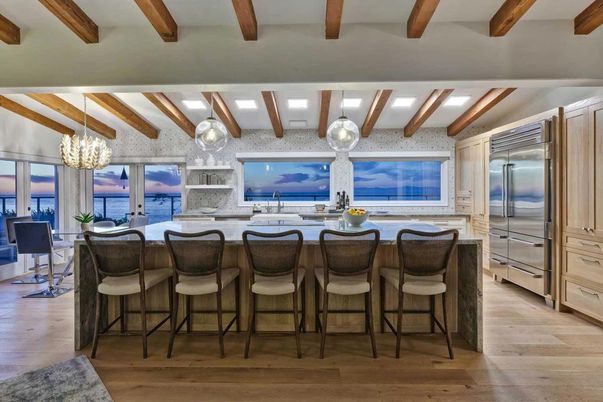 Chandelier, Dining room, Interior, Kitchen, Pendant Lights, Stainless Steel Appliances, Wooden Beams, Wood Texture Flooring