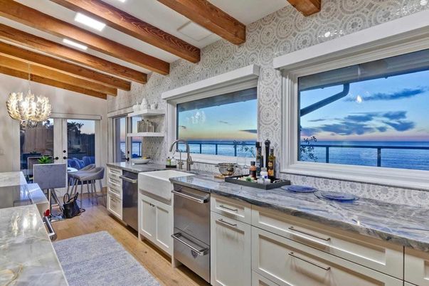Dining room, Interior, Kitchen, Pendant Lights, Recessed Lighting, Stainless Steel Appliances, Water, Wooden Beams, Wood Texture Flooring