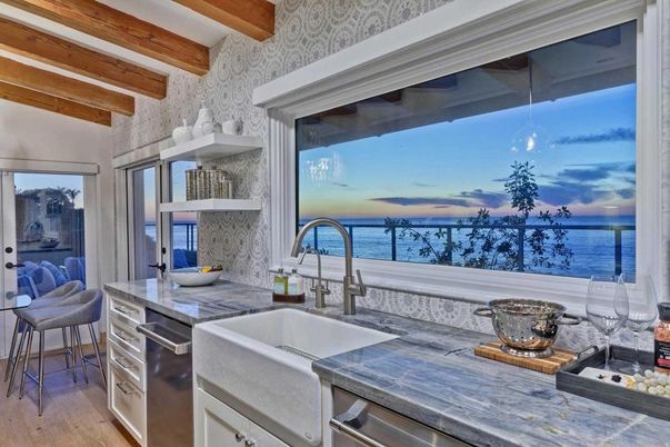 Interior, Kitchen, Pendant Lights, Stainless Steel Appliances, Water, Wooden Beams, Wood Texture Flooring