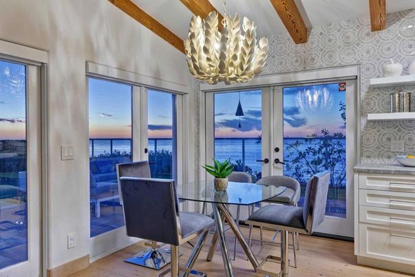 Chandelier, Dining room, Interior, Pendant Lights, Water, Wooden Beams, Wood Texture Flooring