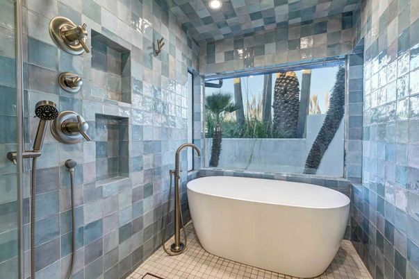 Bathroom, Free Standing Baths, Glass Shower, Interior, Recessed Lighting