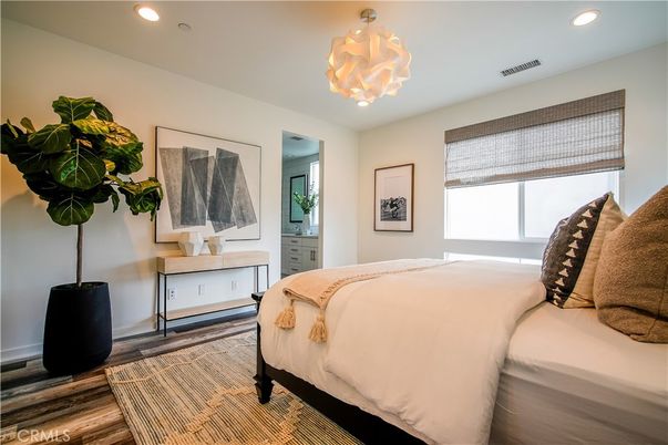 Bedroom, Interior, Pendant Lights, Recessed Lighting, Wood Texture Flooring