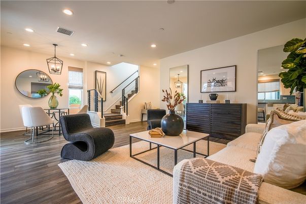 Dining room, Interior, Living room, Pendant Lights, Recessed Lighting, Wood Texture Flooring