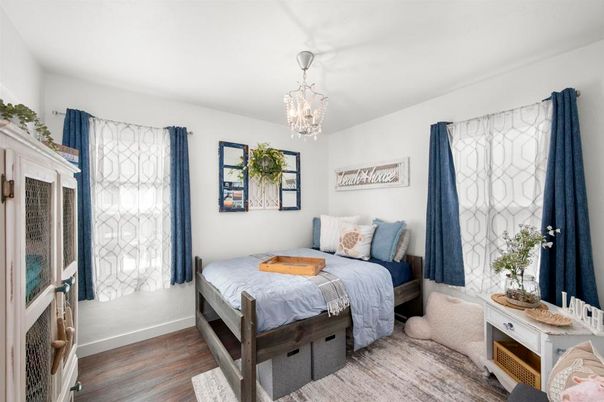 Bedroom, Chandelier, Interior, Wood Texture Flooring