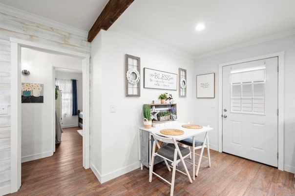 Dining room, Interior, Recessed Lighting, Wood Texture Flooring