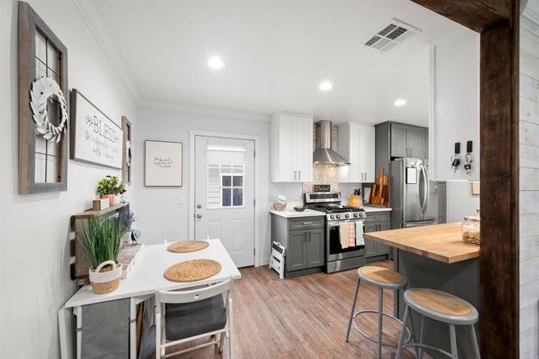 Interior, Kitchen, Recessed Lighting, Stainless Steel Appliances, Wood Texture Flooring