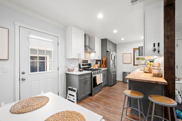 Interior, Kitchen, Recessed Lighting, Stainless Steel Appliances, Wood Texture Flooring