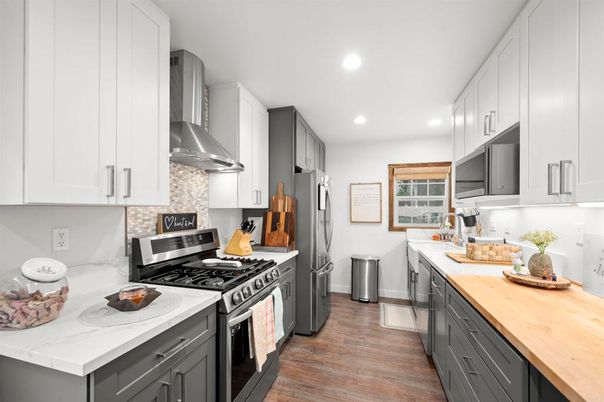 Interior, Kitchen, Recessed Lighting, Stainless Steel Appliances, Wood Texture Flooring