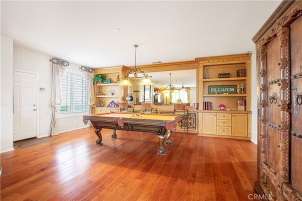 Billiard Table, Game Room, Interior, Pendant Lights, Wood Texture Flooring
