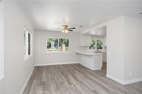 Empty room, Interior, Kitchen, Recessed Lighting, Wood Texture Flooring