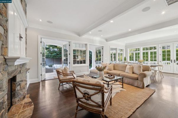 Dining room, Fireplace, Interior, Living room, Recessed Lighting, Wood Texture Flooring
