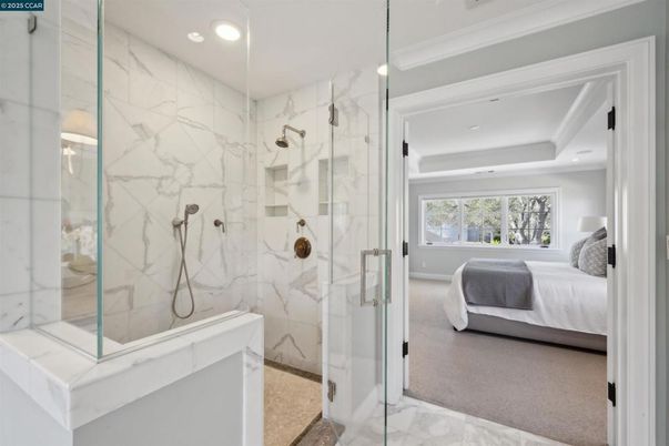 Bathroom, Bedroom, Glass Shower, Interior, Marble, Marble Walls, Recessed Lighting