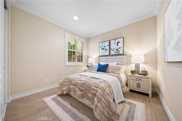 Bedroom, Interior, Recessed Lighting, Wood Texture Flooring