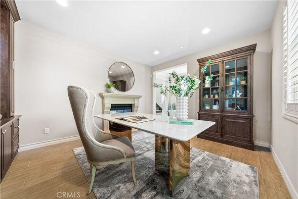 Fireplace, Home Office, Interior, Recessed Lighting, Wood Texture Flooring