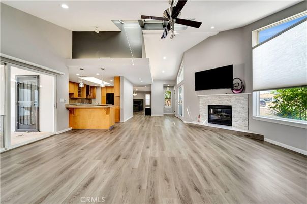 Fireplace, Interior, Kitchen, Recessed Lighting, Wood Texture Flooring
