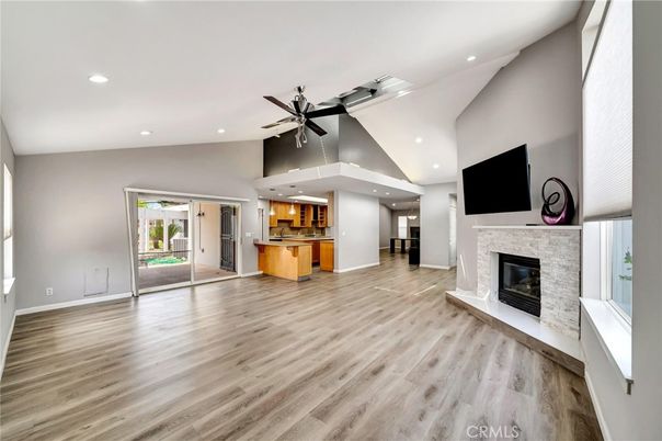 Fireplace, Interior, Kitchen, Recessed Lighting, Wood Texture Flooring