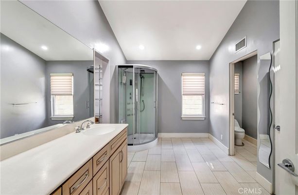 Bathroom, Glass Shower, Interior, Recessed Lighting, Wood Texture Flooring