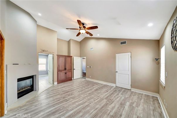 Empty room, Fireplace, Interior, Recessed Lighting, Wood Texture Flooring