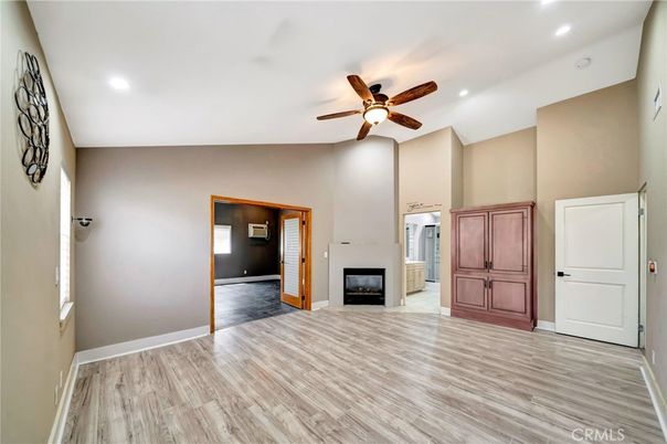 Empty room, Fireplace, Interior, Recessed Lighting, Wood Texture Flooring