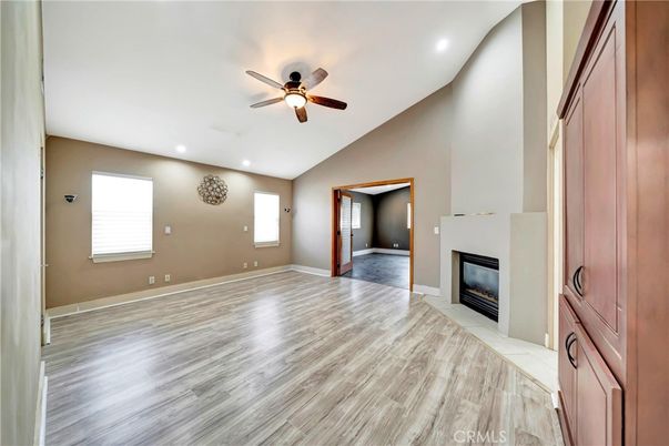 Empty room, Fireplace, Interior, Recessed Lighting, Wood Texture Flooring