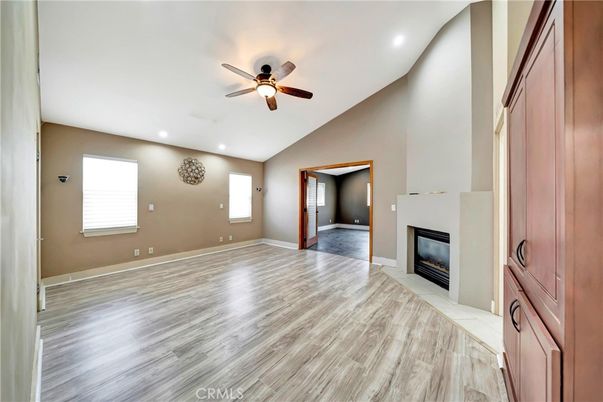 Empty room, Fireplace, Interior, Recessed Lighting, Wood Texture Flooring