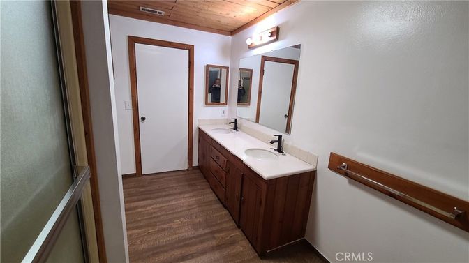 Bathroom, Dual Sink Vanities, Interior, Wooden Ceilings, Wood Texture Flooring